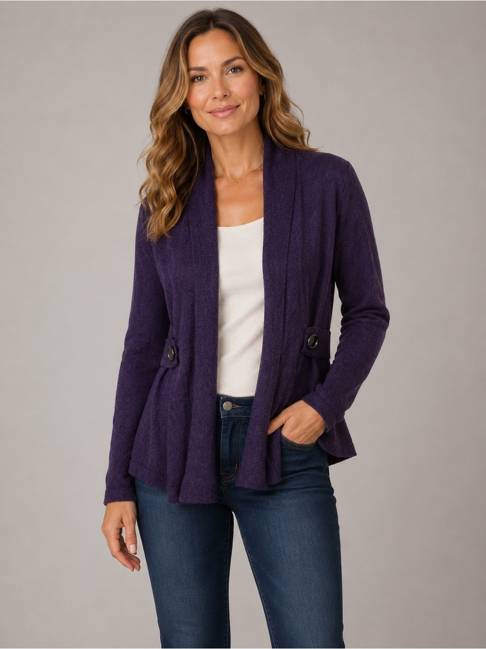 White + Warren Purple 100% Cashmere Cropped Open Cardigan Womens Sz M